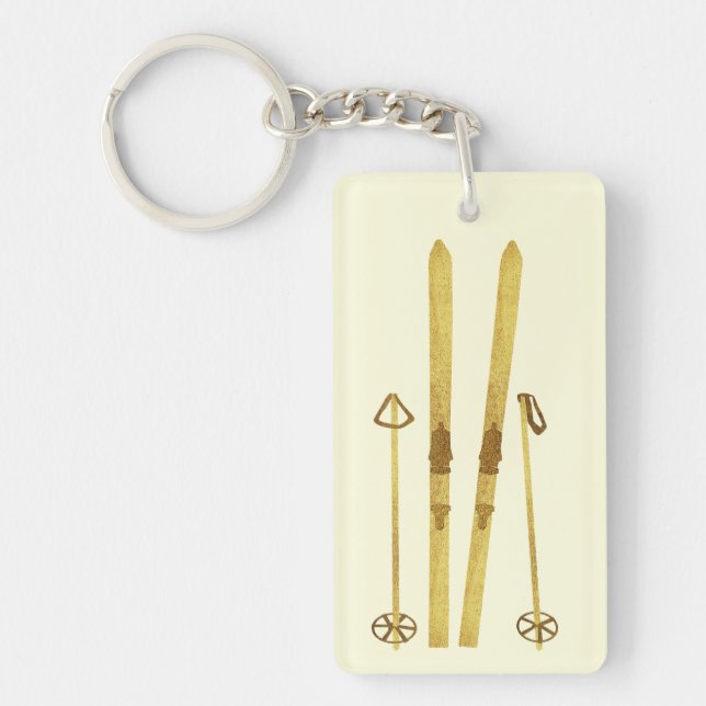 Gold Skis And Poles | Retro Ski Illustration Cream Key Ring (Front)