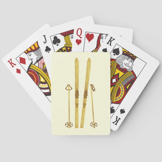 Gold Skis And Poles | Retro Ski Illustration Cream Playing Cards (Back)