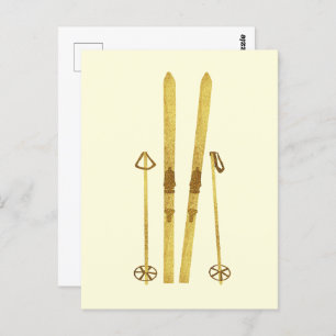 Gold Skis And Poles   Retro Ski Illustration Cream Postcard