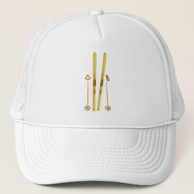 Gold Skis And Poles | Retro Ski Illustration Cream Trucker Hat (Front)