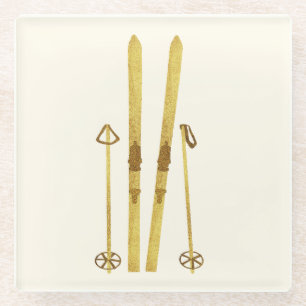 Gold Skis And Poles   Retro Ski Illustration Glass Coaster