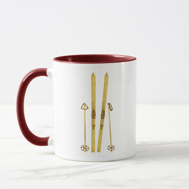 Gold Skis And Poles | Retro Ski Illustration Mug (Left)