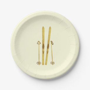 Gold Skis And Poles   Retro Ski Illustration Paper Plate