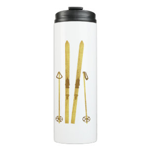 Gold Skis And Poles   Retro Ski Illustration Thermal Tumbler