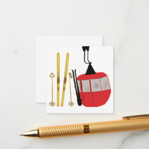 Gold Skis And Poles   Retro Ski Lift Holiday Enclosure Card