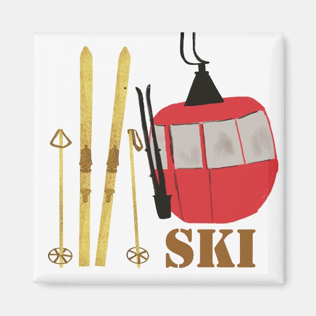 Gold Skis And Poles | Retro Ski Lift Holiday Magnet (Front)