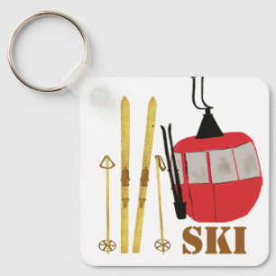 Gold Skis And Poles   Retro Ski Lift Holiday Pink Key Ring