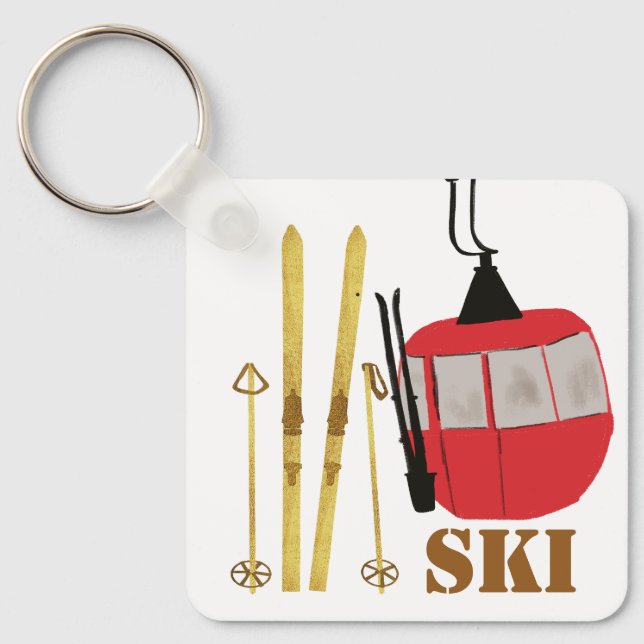 Gold Skis And Poles | Retro Ski Lift Holiday Pink Key Ring (Front)