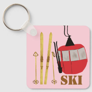 Gold Skis And Poles   Retro Ski Lift Holiday Pink Key Ring