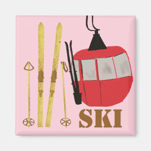 Gold Skis And Poles   Retro Ski Lift Holiday Pink Magnet