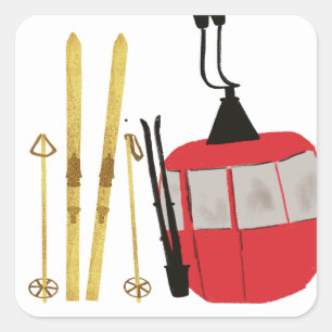 Gold Skis And Poles   Retro Ski Lift Holiday Square Sticker