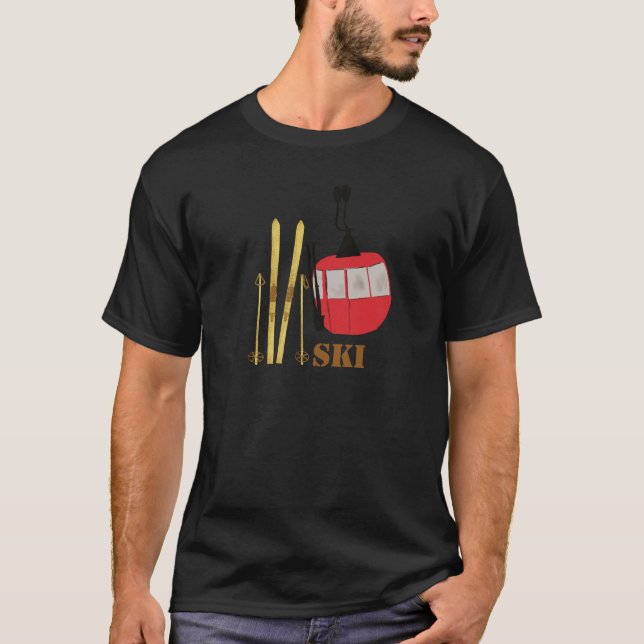 Gold Skis And Poles | Retro Ski Lift Holiday T-Shirt (Front)