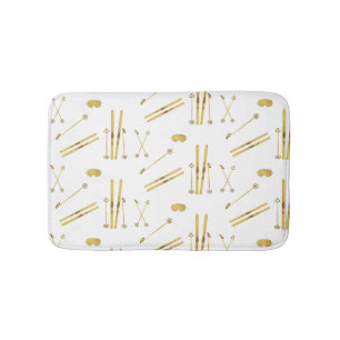 Gold Skis And Poles   Retro Ski Pattern  Bath Mat