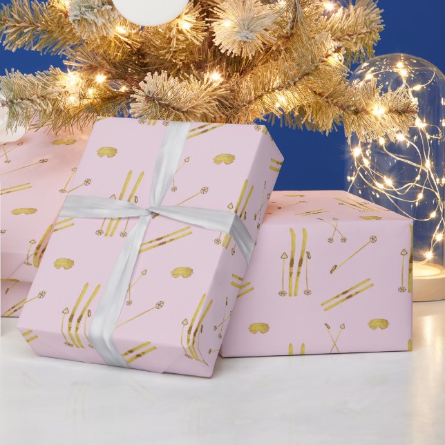 Gold Skis And Poles | Retro Ski Pattern Pink Wrapping Paper (Holidays)