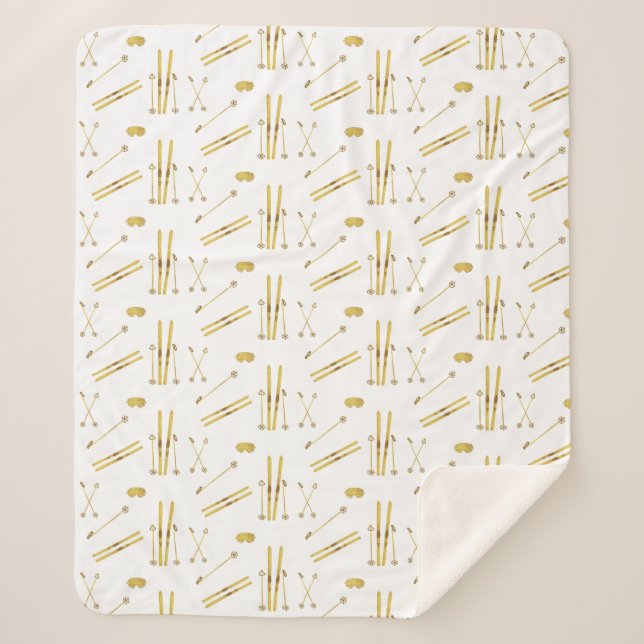 Gold Skis And Poles | Retro Ski Pattern  Sherpa Blanket (Front)