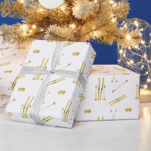 Gold Skis And Poles Retro Ski Pattern Wrapping Paper