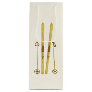 Gold Skis & Poles   Retro Ski Illustration Holiday Wine Gift Bag