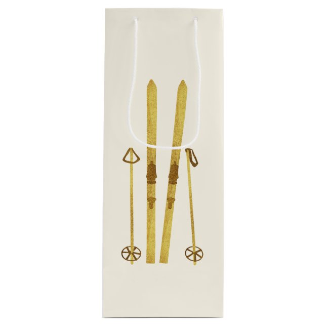 Gold Skis & Poles | Retro Ski Illustration Holiday Wine Gift Bag (Front)