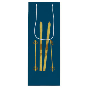 Gold Skis & Poles   Retro Ski Illustration Holiday Wine Gift Bag