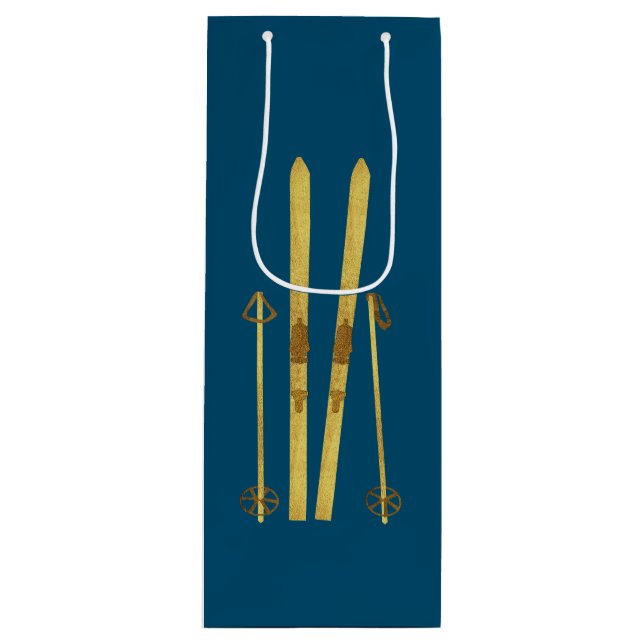 Gold Skis & Poles | Retro Ski Illustration Holiday Wine Gift Bag (Front)