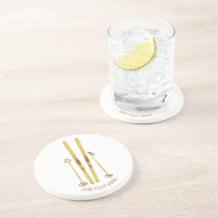Gold Skis Poles   Vintage Ski Illustration  Coaster
