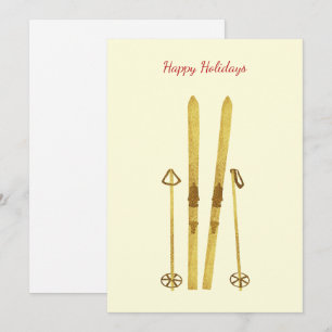 Gold Skis Poles   Vintage Ski Illustration Cream Holiday Card