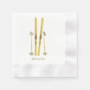 Gold Skis Poles   Vintage Ski Illustration Cream Napkin