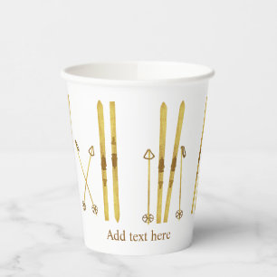 Gold Skis Poles Vintage Ski Illustration Cream Paper Cups