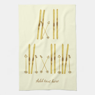 Gold Skis Poles Vintage Ski Illustration Cream Tea Towel