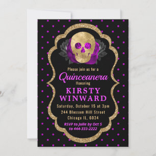 Gold Skull Floral Polka Dot Halloween Quinceanera Invitation