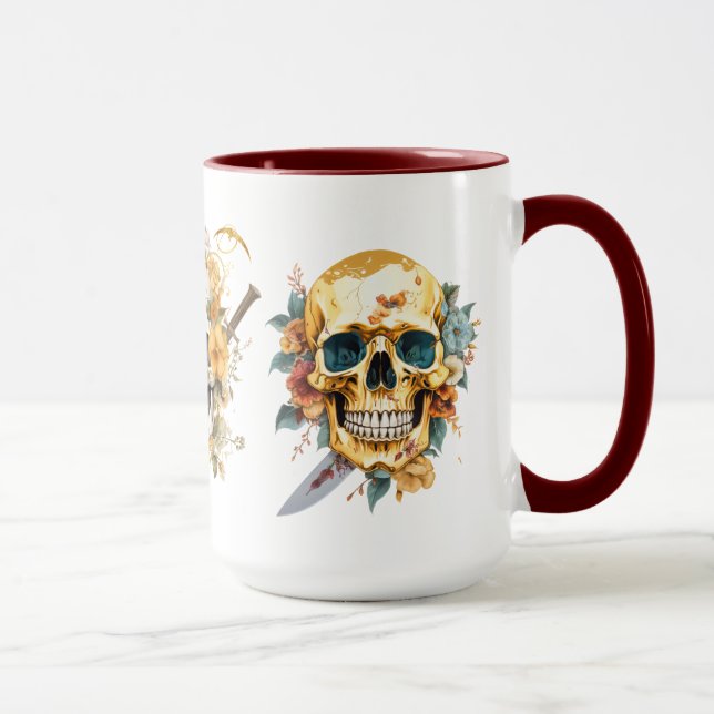 Gold Skull on white mug (Right)
