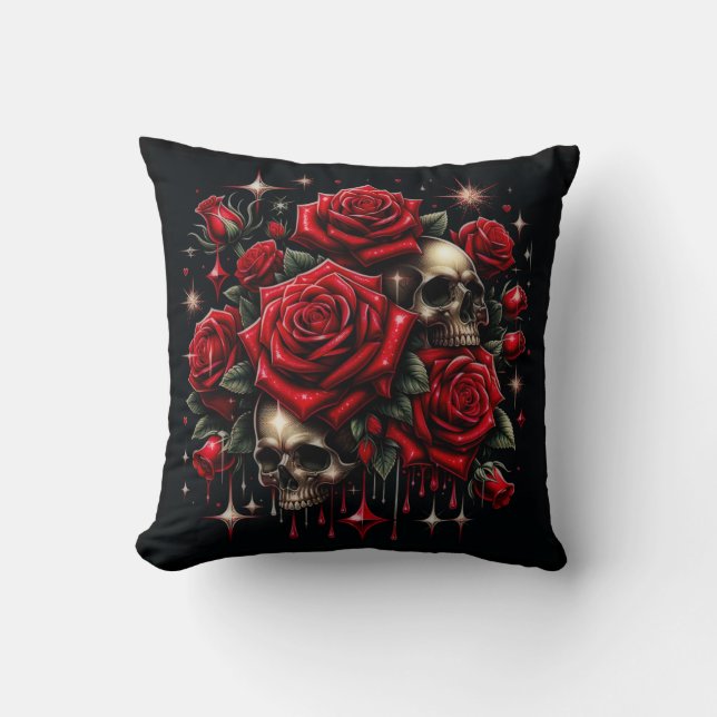 Gold Skulls & Red Roses Sparkle Gothic Glamour Cushion (Front)