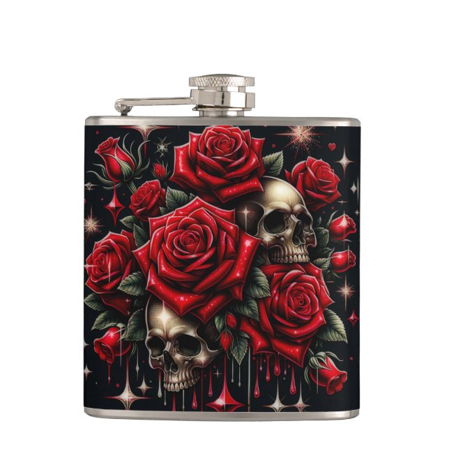 Gold Skulls & Red Roses Sparkle Gothic Glamour Hip Flask (Front)