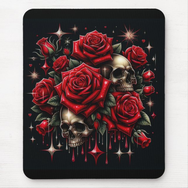 Gold Skulls & Red Roses Sparkle Gothic Glamour Mouse Mat (Front)