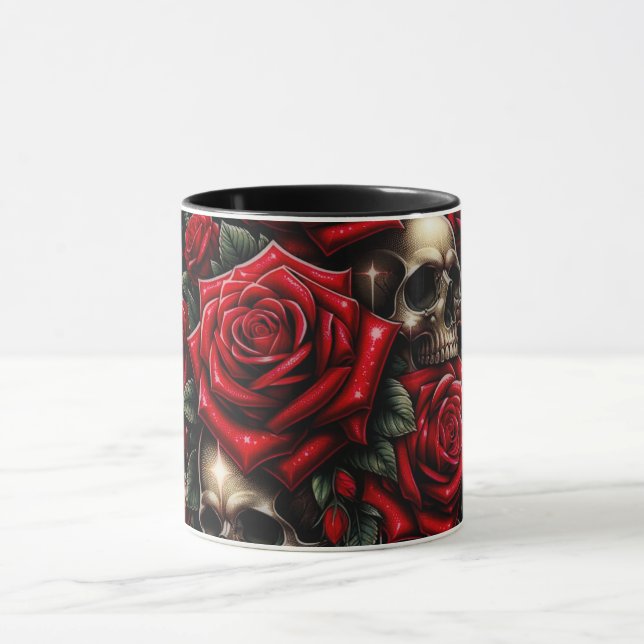 Gold Skulls & Red Roses Sparkle Gothic Glamour Mug (Center)