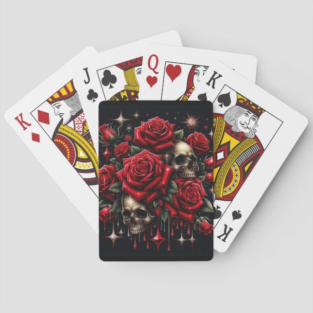 Gold Skulls & Red Roses Sparkle Gothic Glamour Playing Cards (Back)