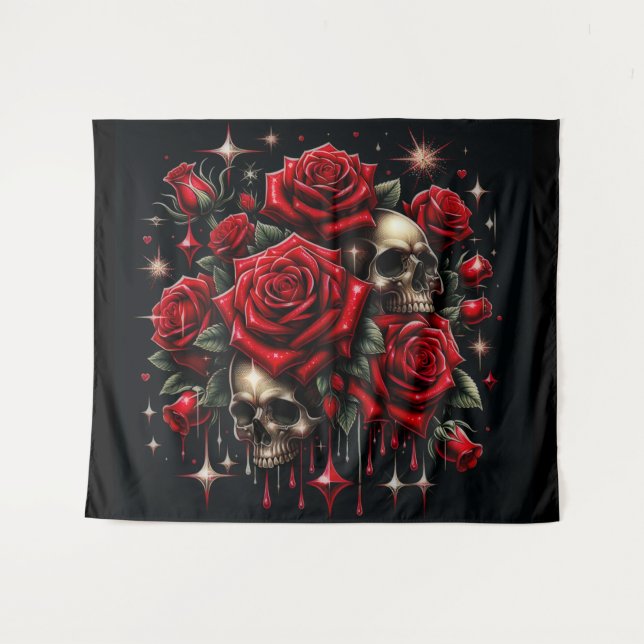 Gold Skulls & Red Roses Sparkle Gothic Glamour Tapestry (Front (Horizontal))