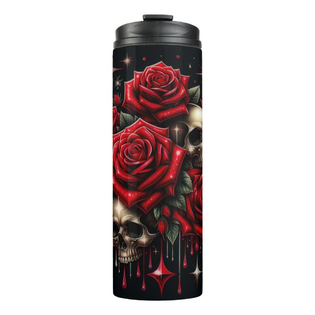 Gold Skulls & Red Roses Sparkle Gothic Glamour Thermal Tumbler (Front)