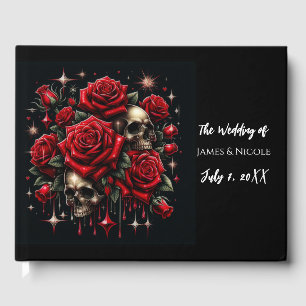 Gold Skulls & Red Roses Sparkle Gothic Wedding Guest Book