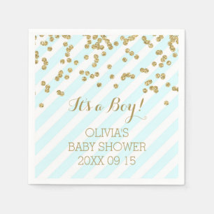 Gold Sky Blue Confetti Stripes Baby Shower Napkin
