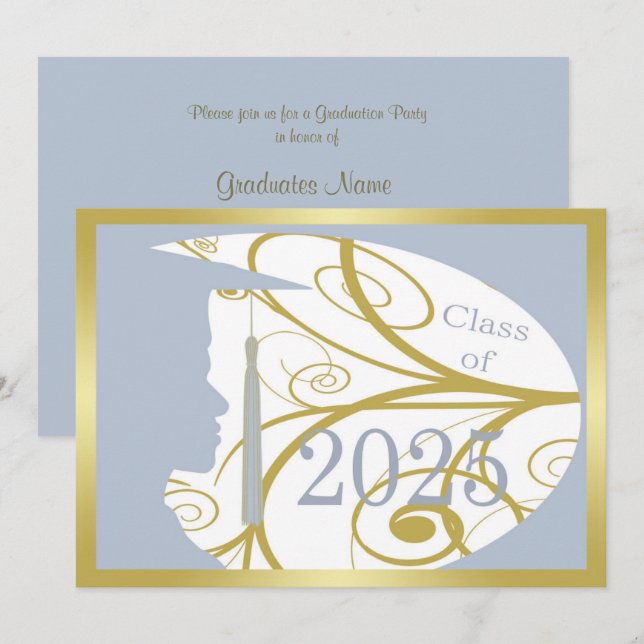 Gold/Sky Blue Man Silhouette 2025 Graduation Party Invitation (Front/Back)