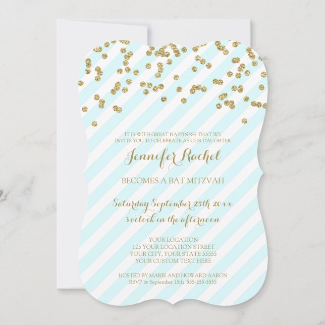 Gold Sky Blue Stripes Bat Mitzvah Invitations (Back)