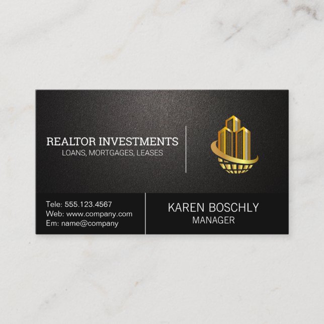 Gold Skyscraper Buildings | Global Logo Business Card (Front)