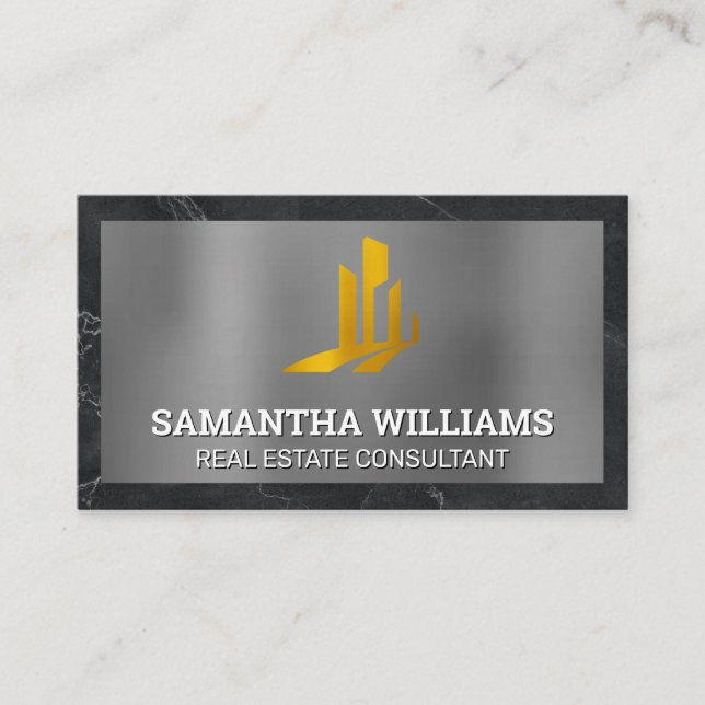 Gold Skyscraper Buildings | Metal Marble Business Card (Front)