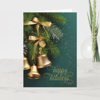 Gold Sleigh Bells Christmas Boughs of Pine Holiday Card