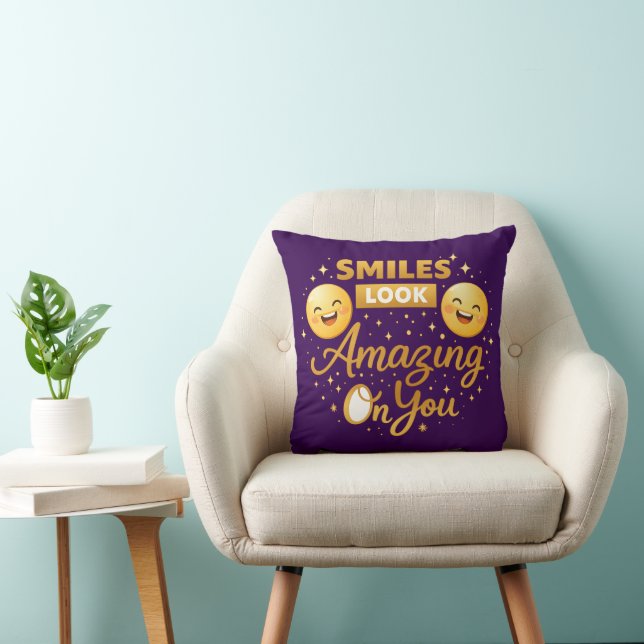 Gold “Smiles Look Amazing On You” Throw Pillow (Chair)