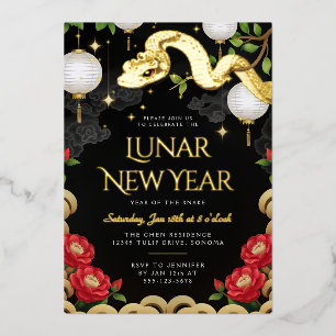Gold Snake Floral Lunar New Year Party Invitation