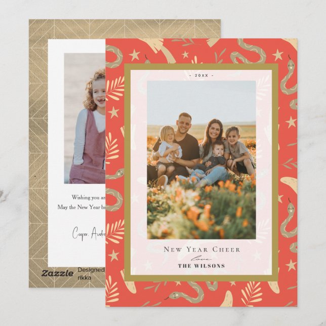 Gold Snake & Mushroom 2 Photo Chinese New Year Holiday Card (Front/Back)