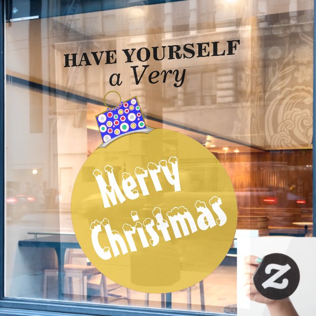 Gold Snow Capped Ornament Ball Merry Christmas Window Cling (Cafe Window)