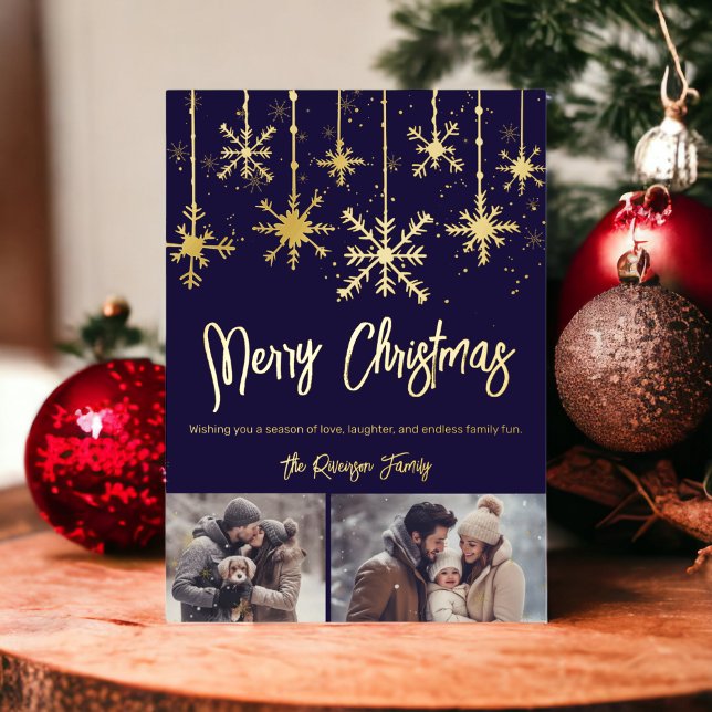 gold snow elegant navy merry christmas 2 photos (gold snow elegant navy merry christmas 2 photos foil invitation)